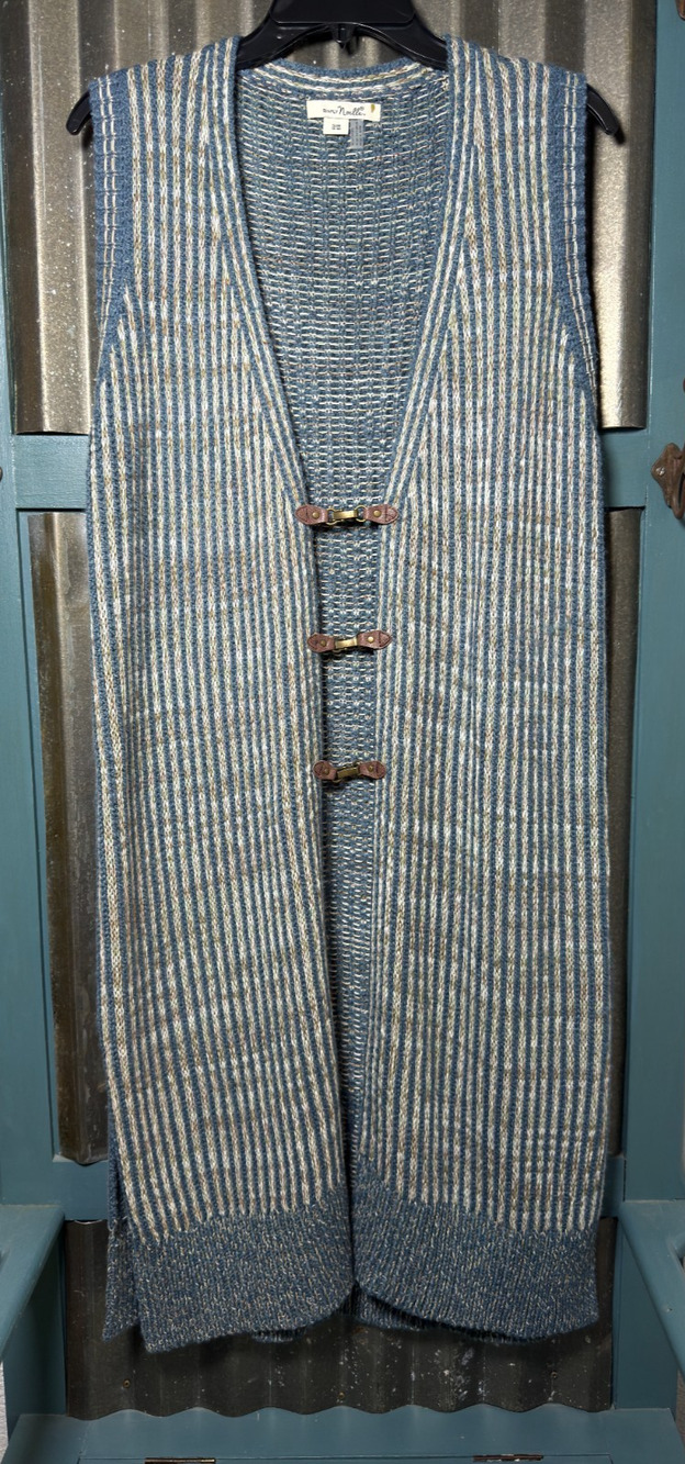 Simply Noelle Maxi Knit Vest S/M 8-10 Blue Striped Longline Cardigan Sleeveless